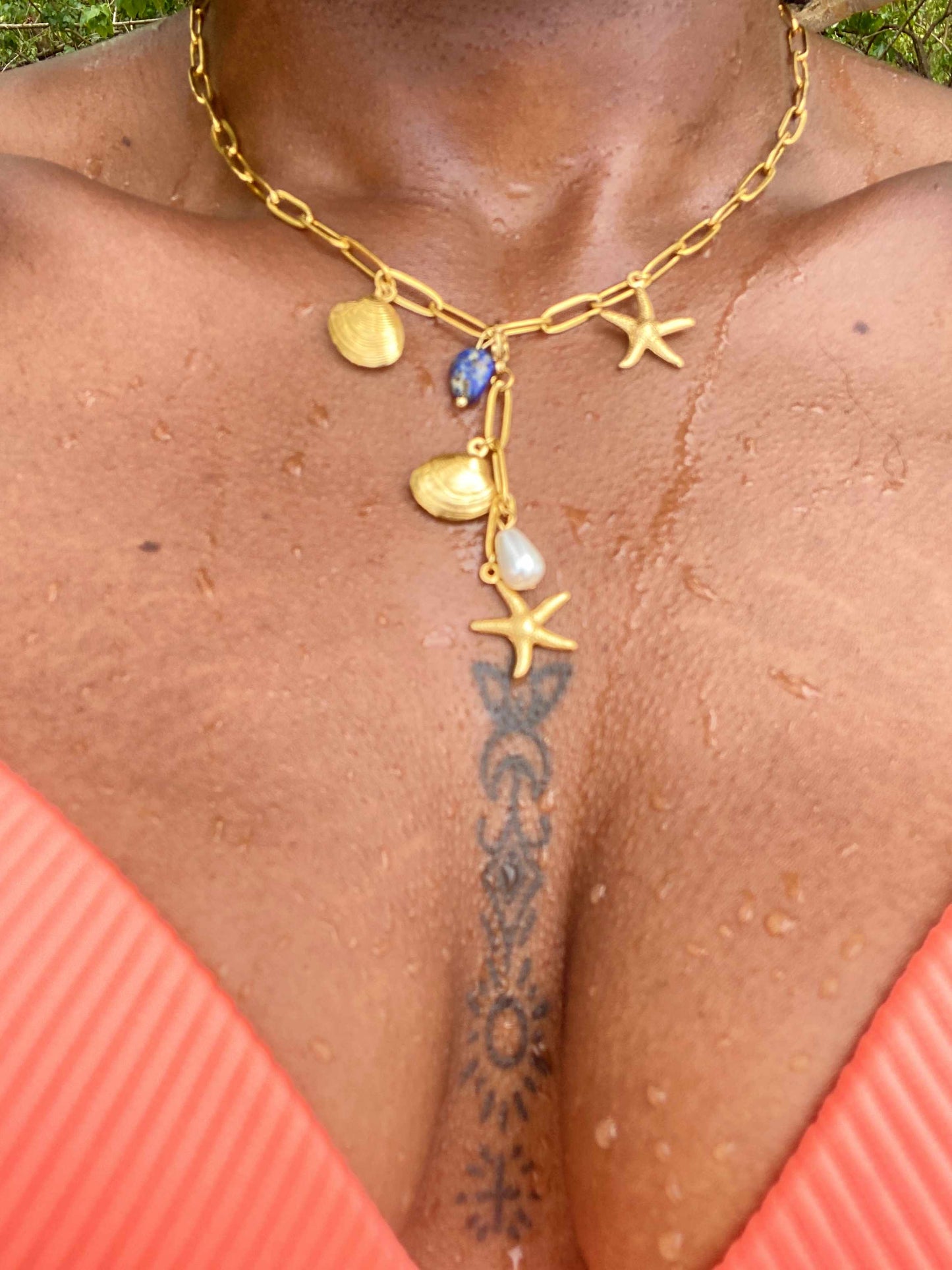 Collier 2-en-1 breloques étoiles de mer coquillage perles d'eau douce et pierres naturelles
