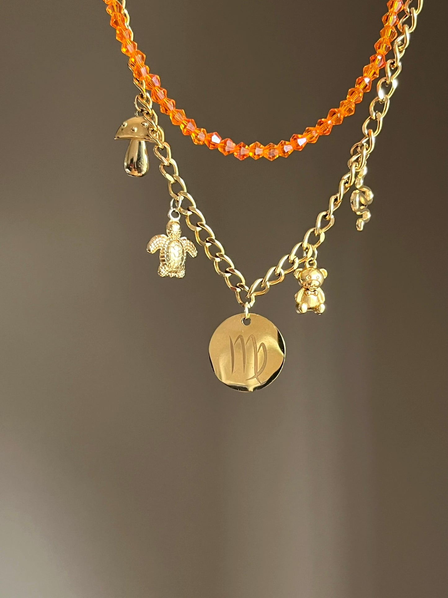 Collier charms gravure perles modulable doré double rangs