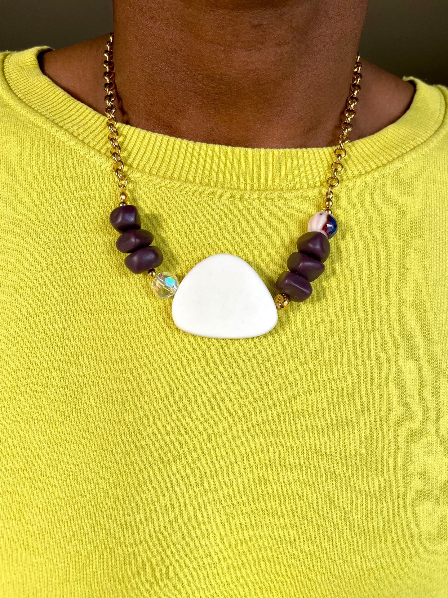 Collier perles colorées chaine acier inoxydable port"Purplerose - Chouette Merveille