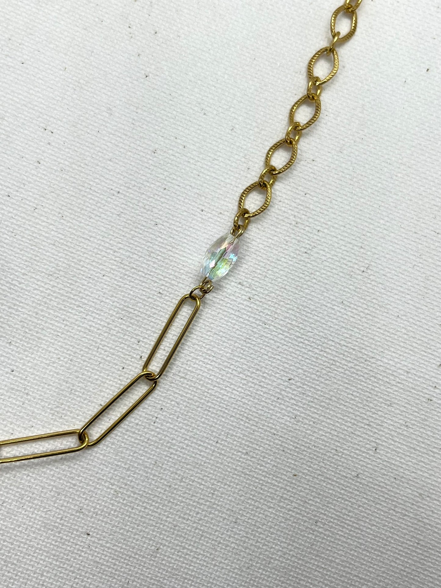 Collier asymétrique acier inoxydable mailles texturées et perle cristal de verre unique - FLAVIE