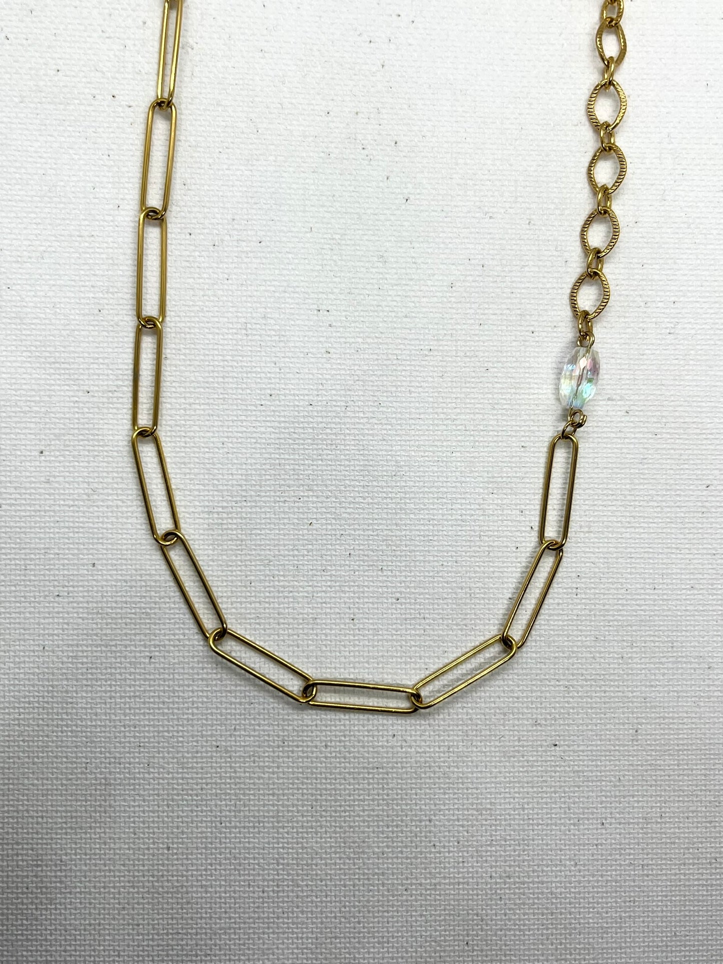 Collier asymétrique acier inoxydable mailles texturées et perle cristal de verre unique - FLAVIE