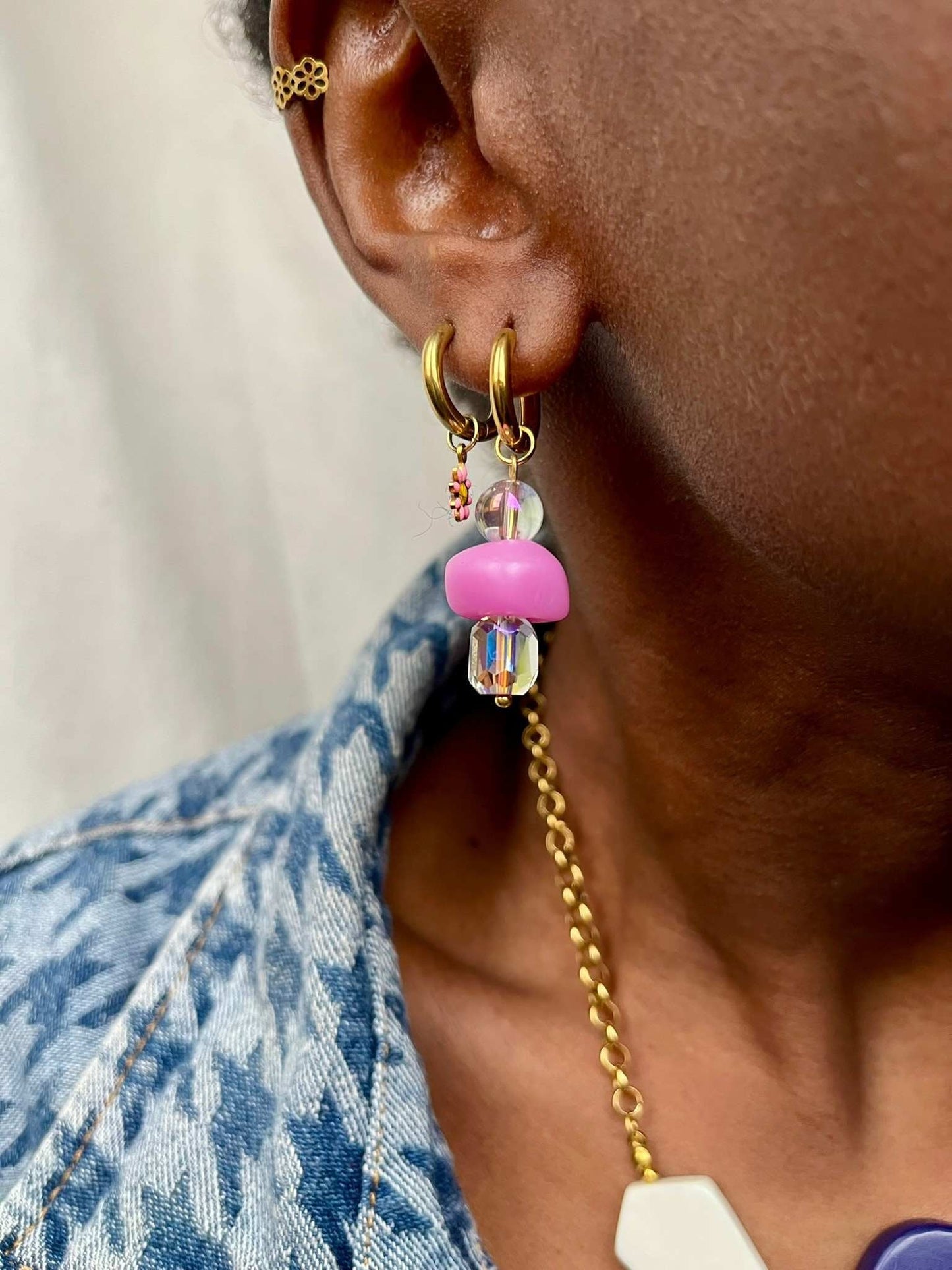 Boucles d'oreilles créoles acier inoxydable avec pampilles perles colorées et perles transparentes TRIBEA - Chouette Merveille