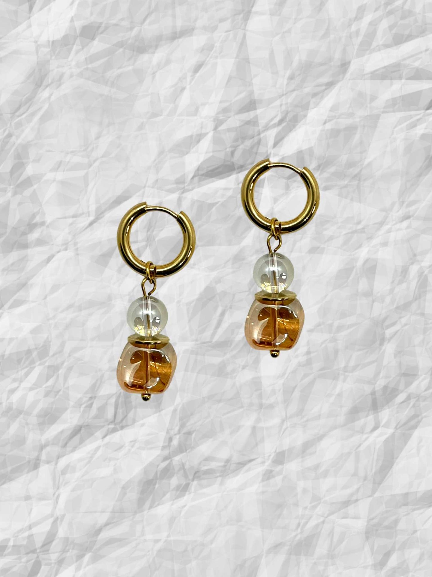 Boucles d'oreilles créoles acier inoxydable avec pampilles perles verre colorées  orange et perles transparentes Obeline - Chouette Merveille