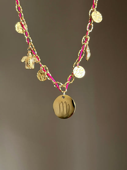 Collier charms  doré médaille gravée argenté cordon couleur personnalisable
