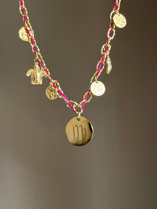 Collier charms  doré médaille gravée argenté cordon couleur personnalisable