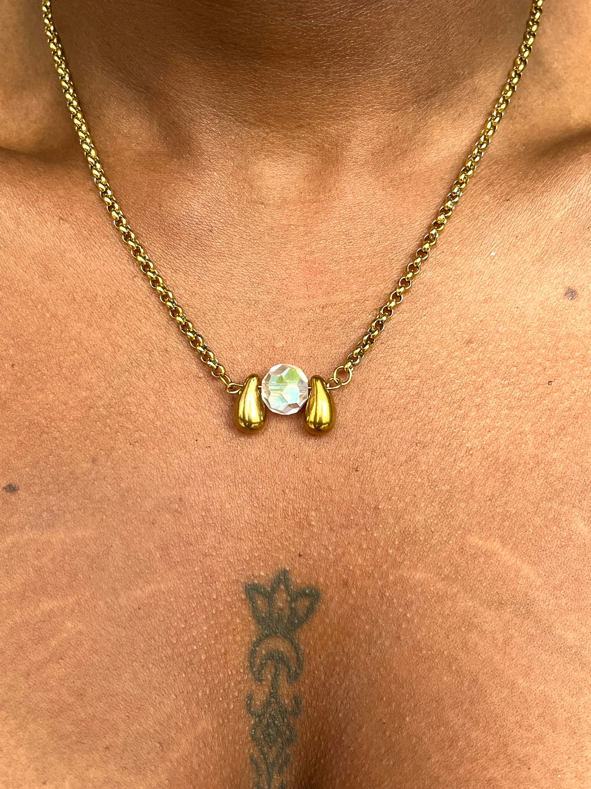 Collier lumineux en acier inoxydable, perle cristal de verre et perles gouttes d'eau - EQUINOXE