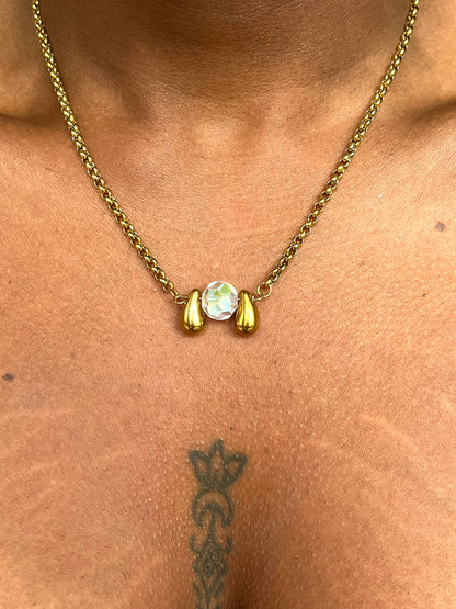 Collier lumineux en acier inoxydable, perle cristal de verre et perles gouttes d'eau - EQUINOXE