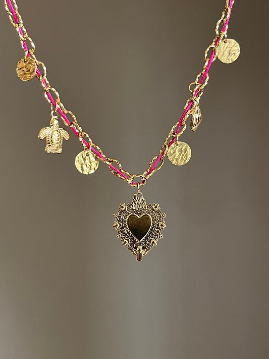 Collier charms doré cordon coloré